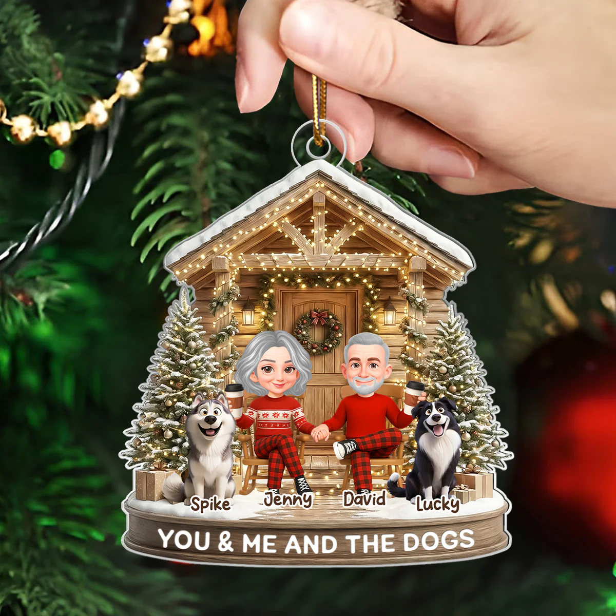 Couple And The Dogs Front Porch - Personalized Acrylic Ornament - Christmas Gift for him, for her - Image 4