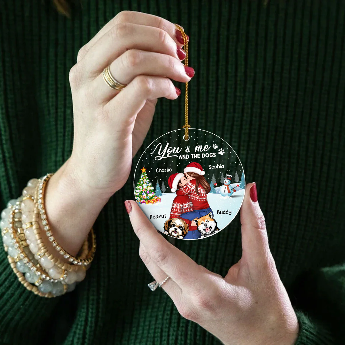 Couple And The Dogs In Winter Night Personalized Acrylic Ornament, Christmas Gift For Him, For Her, Gift For Pet Lovers - Image 10