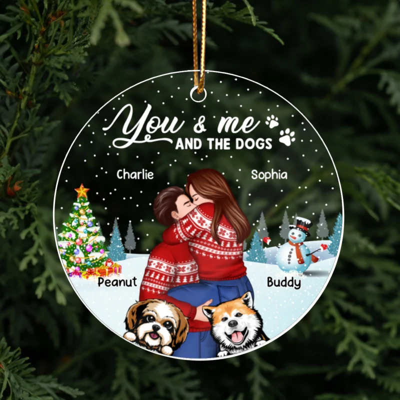 Couple And The Dogs In Winter Night Personalized Acrylic Ornament, Christmas Gift For Him, For Her, Gift For Pet Lovers - Image 12