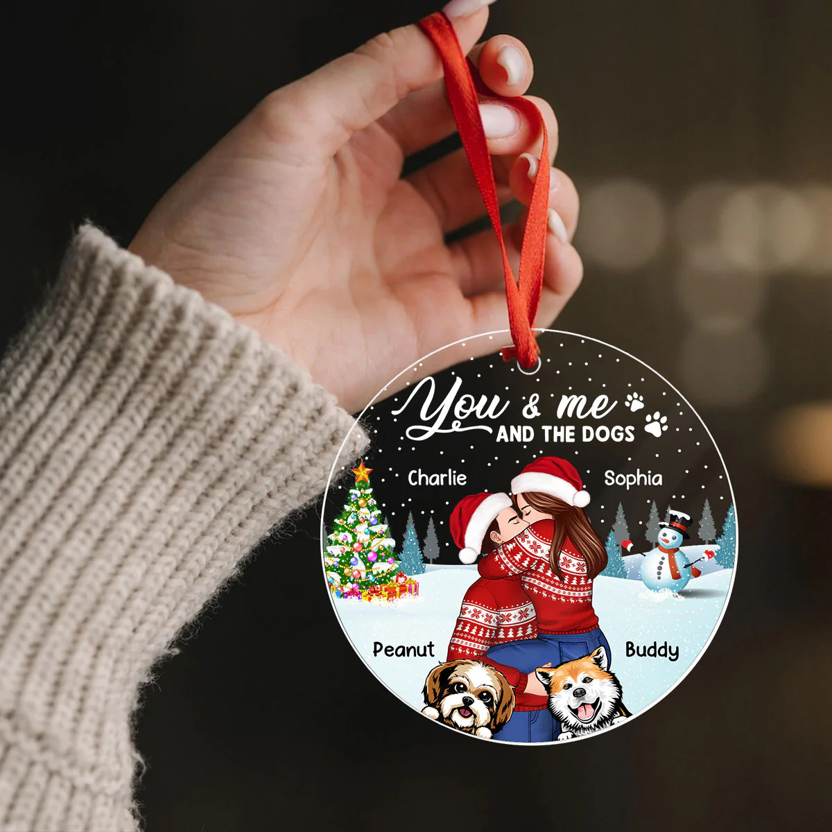 Couple And The Dogs In Winter Night Personalized Acrylic Ornament, Christmas Gift For Him, For Her, Gift For Pet Lovers - Image 2