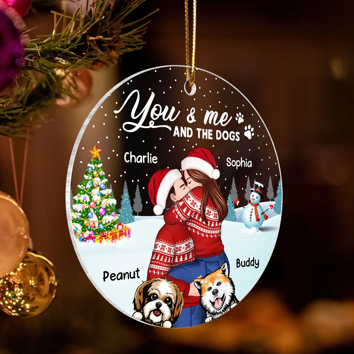 Couple And The Dogs In Winter Night Personalized Acrylic Ornament, Christmas Gift For Him, For Her, Gift For Pet Lovers - Image 3