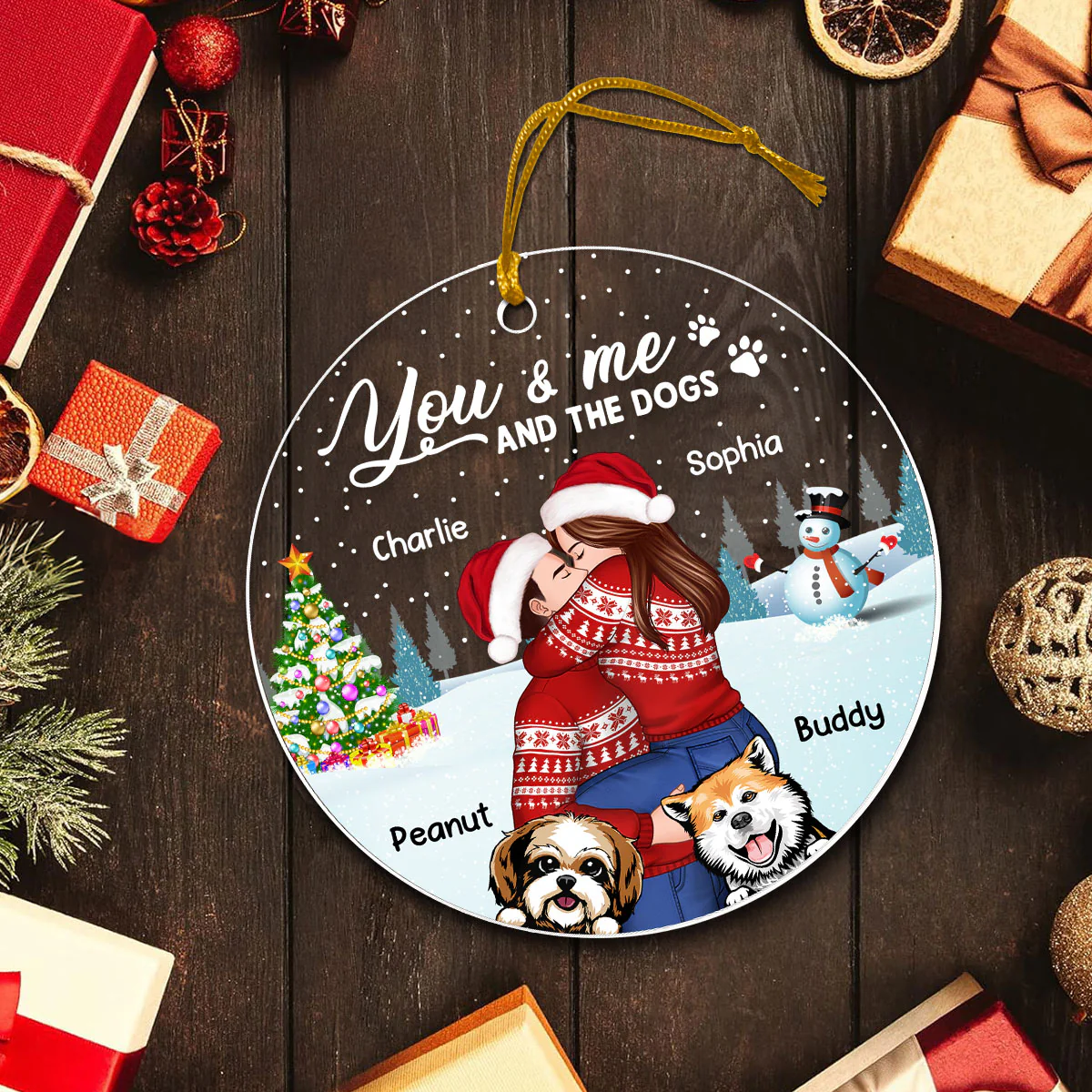 Couple And The Dogs In Winter Night Personalized Acrylic Ornament, Christmas Gift For Him, For Her, Gift For Pet Lovers - Image 4