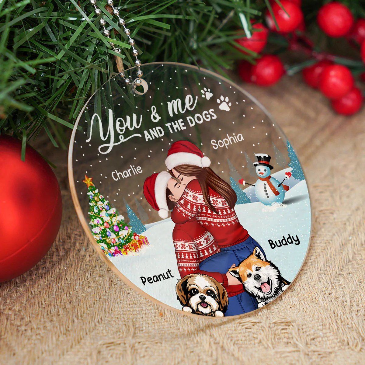 Couple And The Dogs In Winter Night Personalized Acrylic Ornament, Christmas Gift For Him, For Her, Gift For Pet Lovers - Image 5
