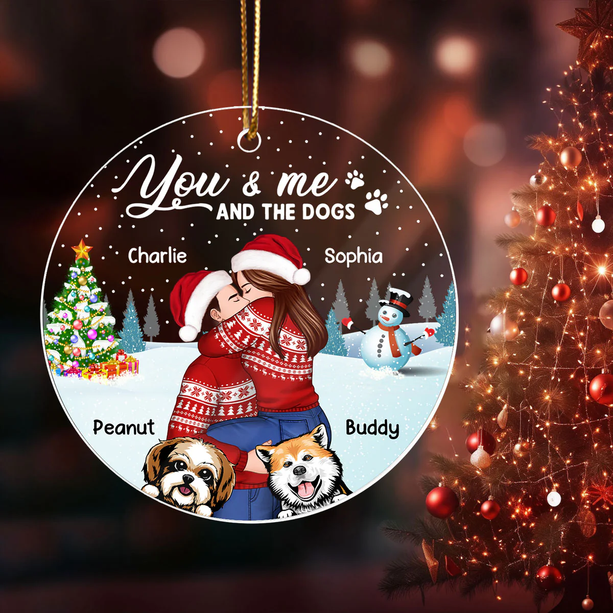 Couple And The Dogs In Winter Night Personalized Acrylic Ornament, Christmas Gift For Him, For Her, Gift For Pet Lovers - Image 6