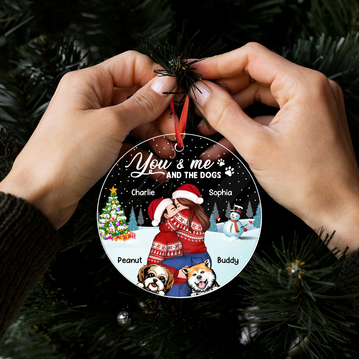 Couple And The Dogs In Winter Night Personalized Acrylic Ornament, Christmas Gift For Him, For Her, Gift For Pet Lovers - Image 7