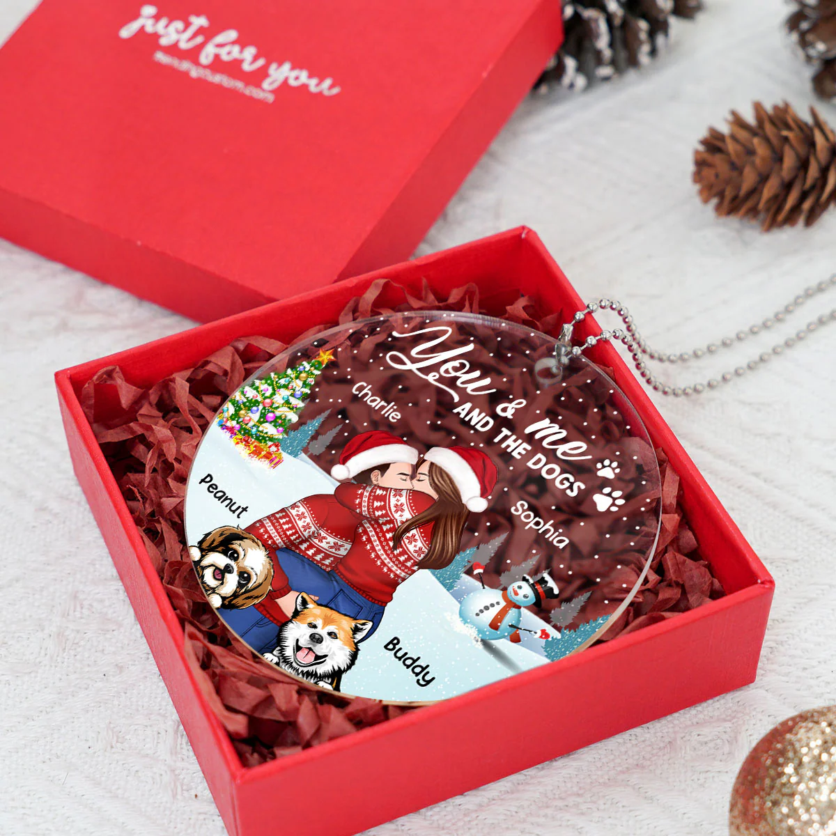 Couple And The Dogs In Winter Night Personalized Acrylic Ornament, Christmas Gift For Him, For Her, Gift For Pet Lovers - Image 8