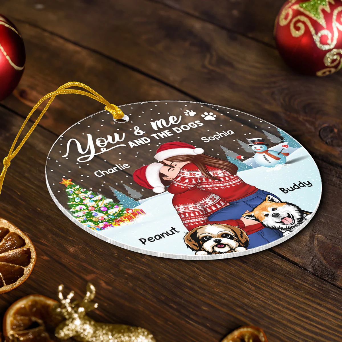 Couple And The Dogs In Winter Night Personalized Acrylic Ornament, Christmas Gift For Him, For Her, Gift For Pet Lovers - Image 9