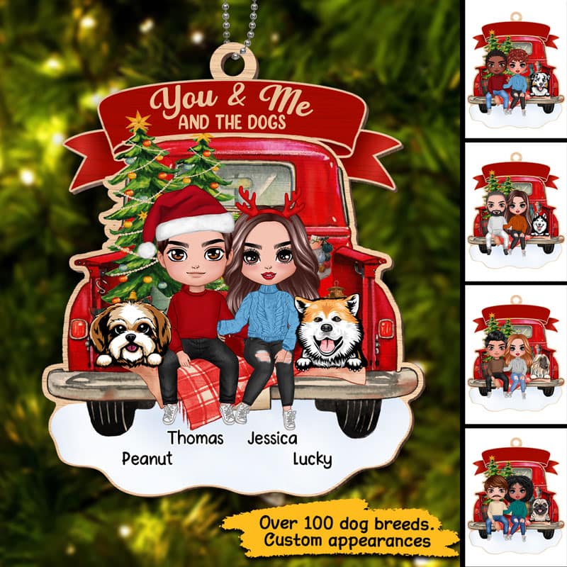 Couple And The Dogs On Christmas Truck Personalized Wooden Ornament - Image 2
