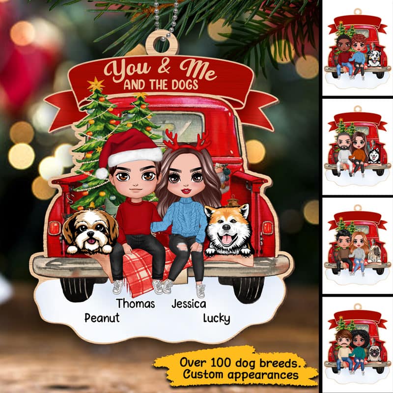 Couple And The Dogs On Christmas Truck Personalized Wooden Ornament - Image 3