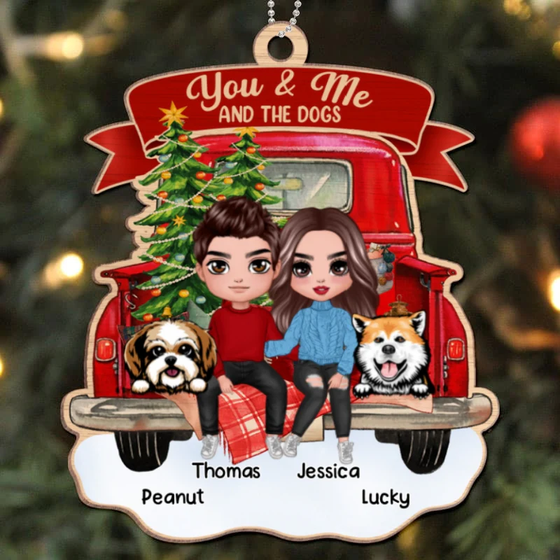 Couple And The Dogs On Christmas Truck Personalized Wooden Ornament - Image 4