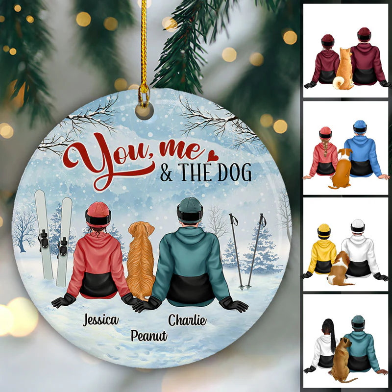 Couple And The Dogs Skiing Winter Christmas Personalized Circle Ornament - Image 2