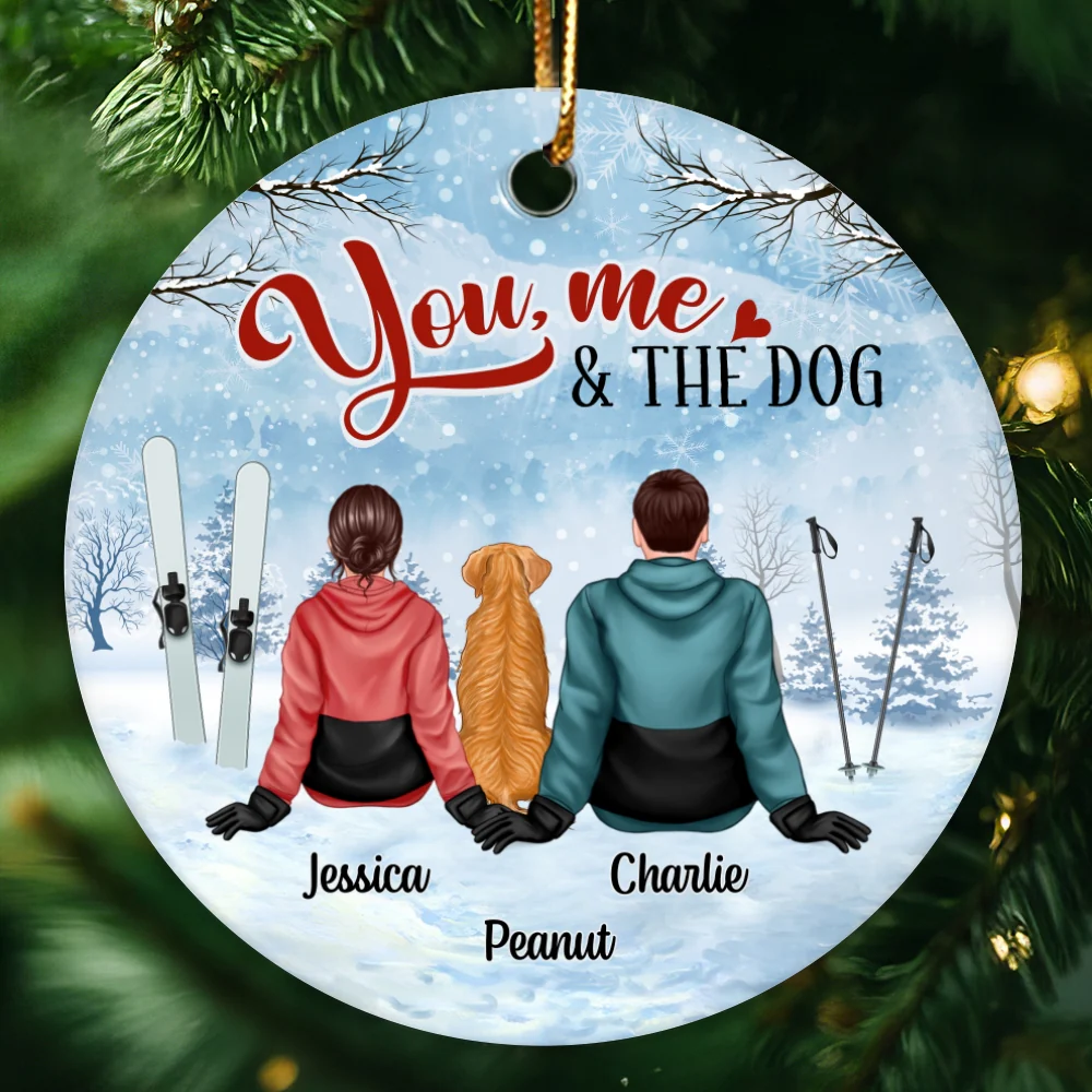 Couple And The Dogs Skiing Winter Christmas Personalized Circle Ornament - Image 4