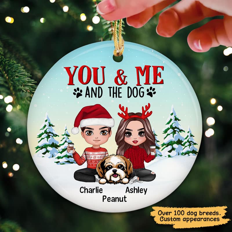 Couple And The Dogs Snow Pine Tree Personalized Circle Ornament - Image 2