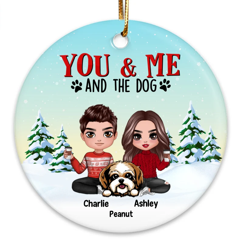 Couple And The Dogs Snow Pine Tree Personalized Circle Ornament - Image 3