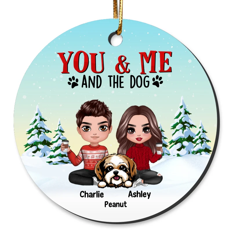 Couple And The Dogs Snow Pine Tree Personalized Circle Ornament - Image 4