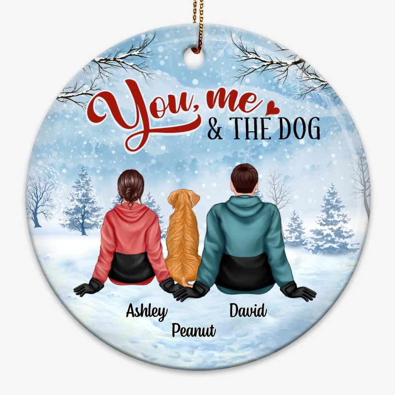 Couple And The Dogs Winter Christmas Personalized Circle Ornament - Image 3