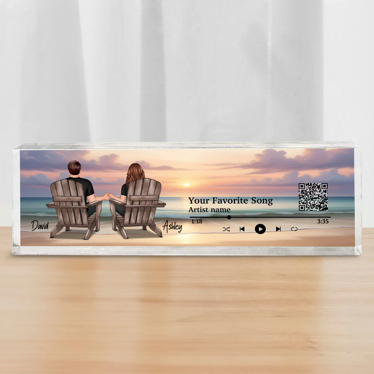 Couple Back View At Beach Favorite Song QR Code Personalized Acrylic Desk Block Plaque