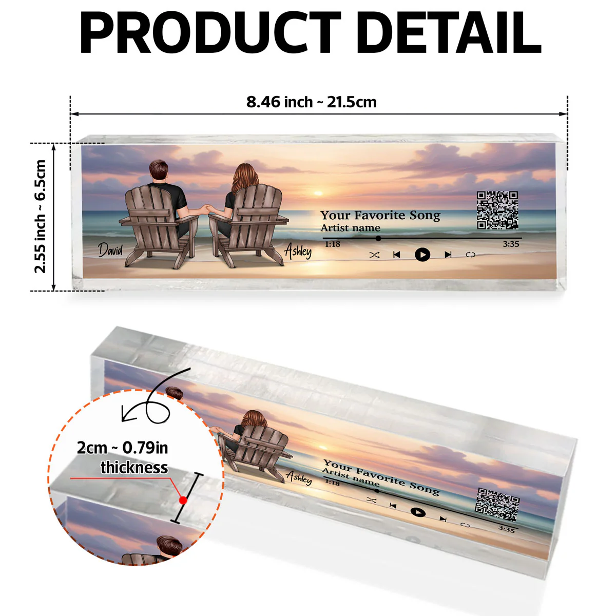 Couple Back View At Beach Favorite Song QR Code Personalized Acrylic Desk Block Plaque - Image 5