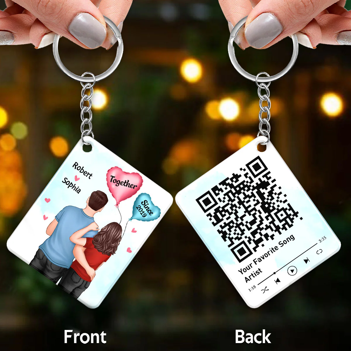 Couple Back View Balloons Favorite Song Scannable QR Code Couple Gift Personalized Acrylic Keychain - Image 3