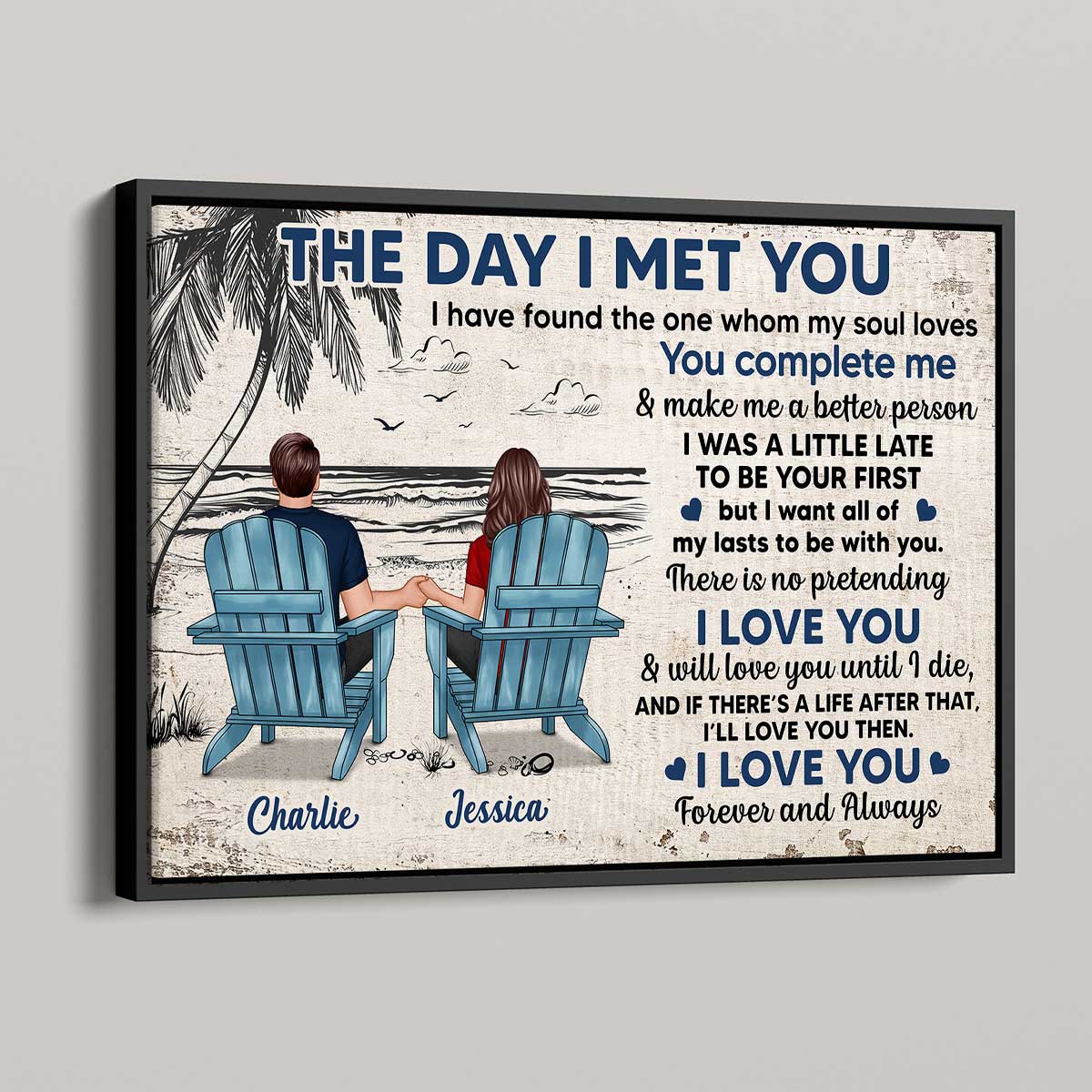 Couple Back View Beach Outline Sketch Personalized Horizontal Poster - Image 2