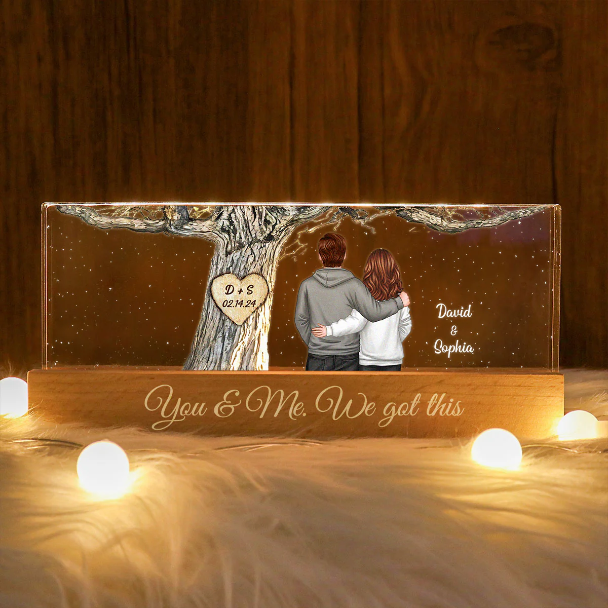 Couple Back View Engraved Tree Personalized Acrylic Block LED Night Light, Gift, Anniversary Gift for Him for Her - Image 3