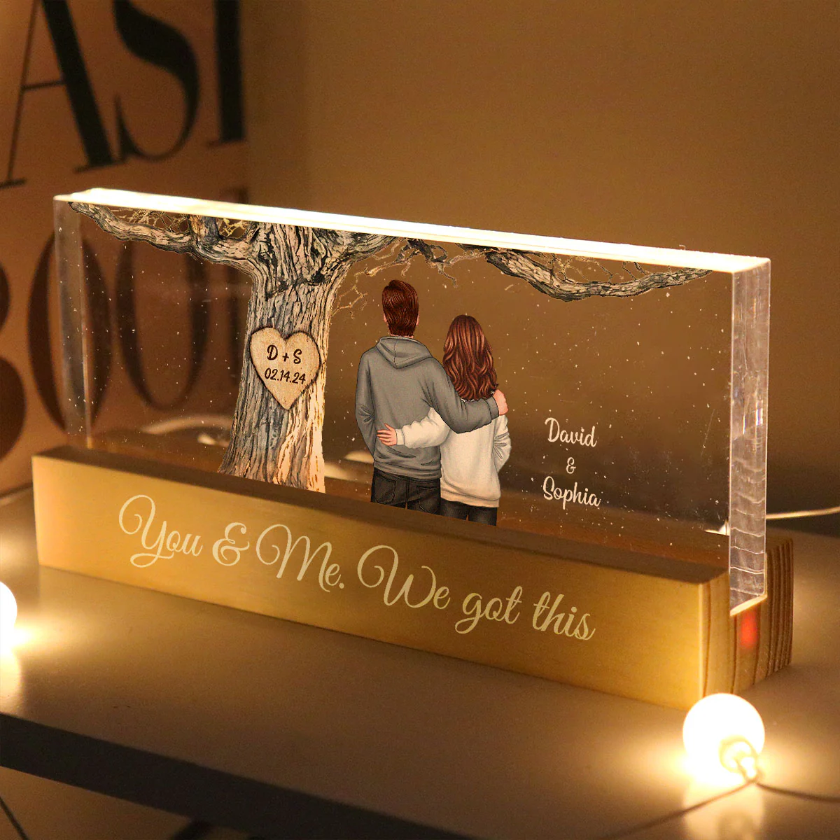 Couple Back View Engraved Tree Personalized Acrylic Block LED Night Light, Gift, Anniversary Gift for Him for Her - Image 4