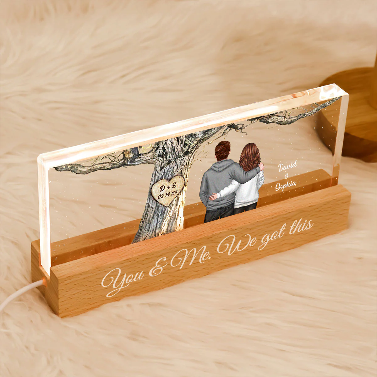 Couple Back View Engraved Tree Personalized Acrylic Block LED Night Light, Gift, Anniversary Gift for Him for Her - Image 6