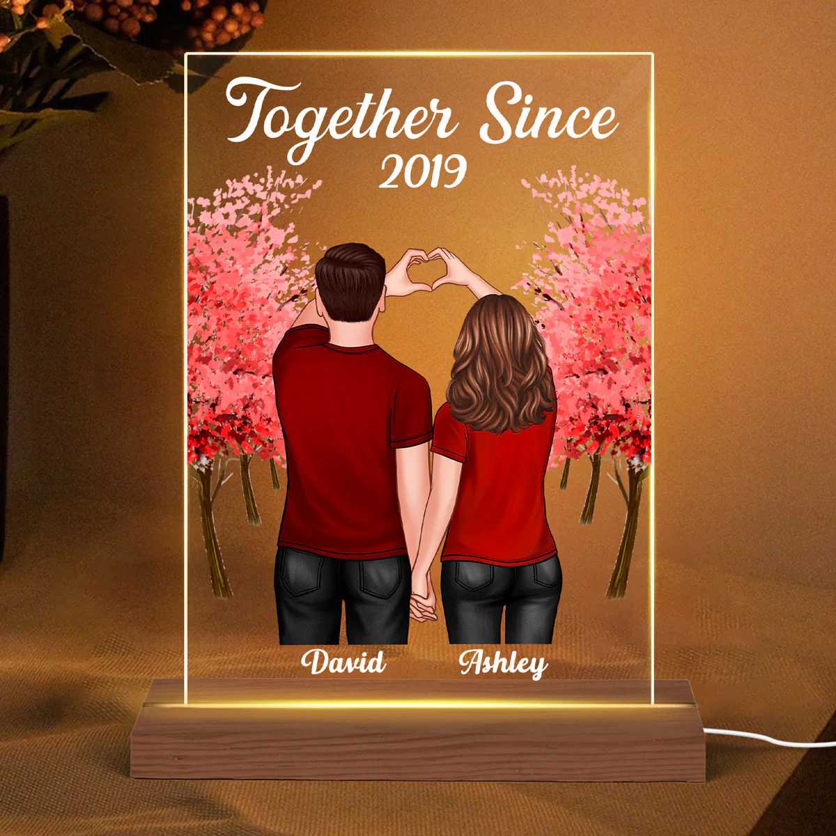 Couple Back View Heart Hands Red Tree Personalized Plaque LED Night Light