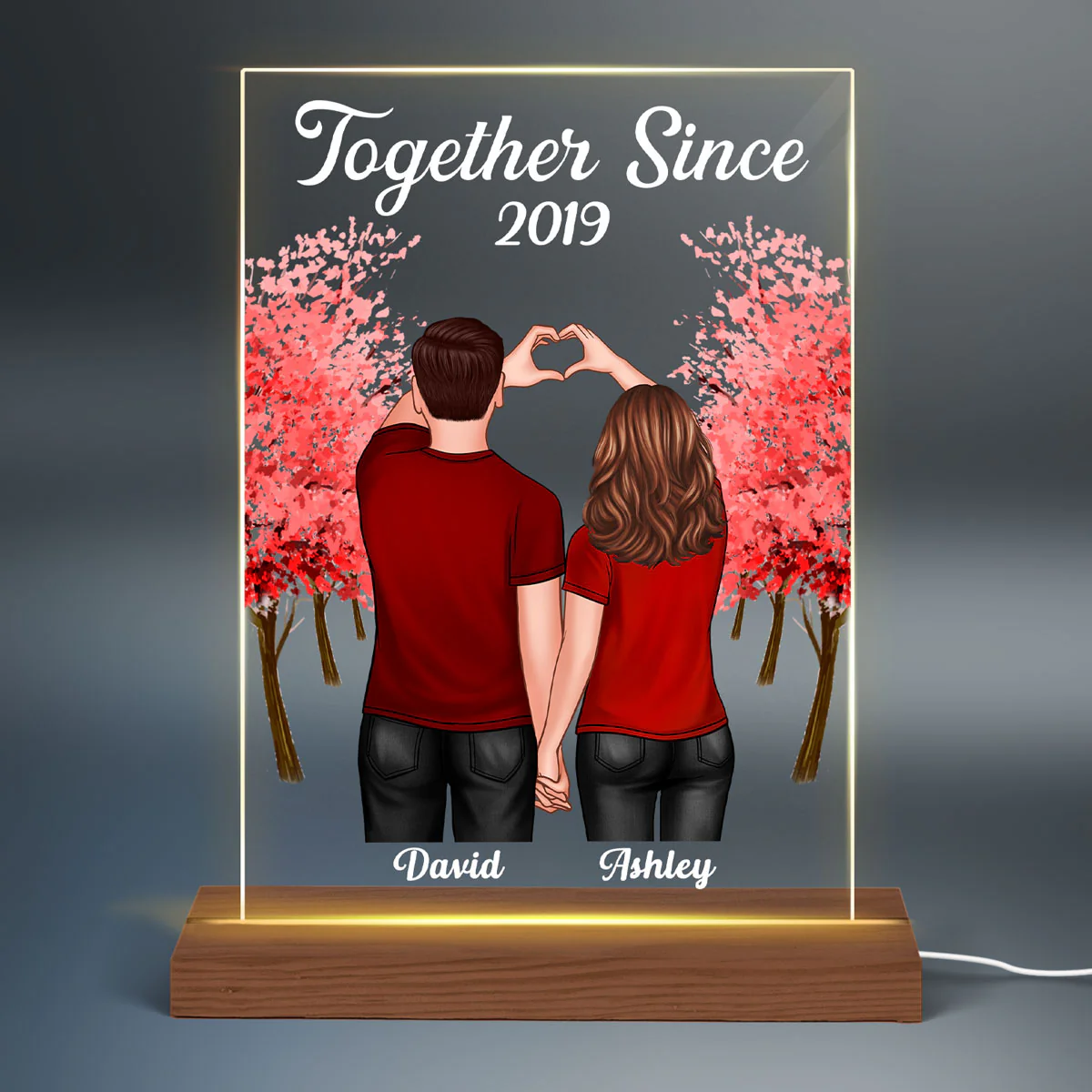 Couple Back View Heart Hands Red Tree Personalized Plaque LED Night Light - Image 2