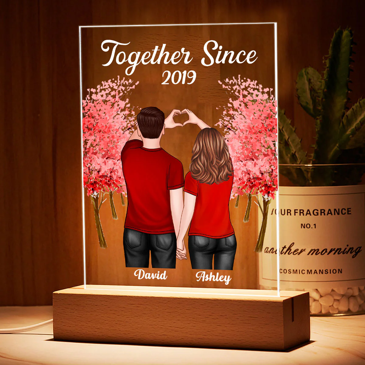 Couple Back View Heart Hands Red Tree Personalized Plaque LED Night Light - Image 3