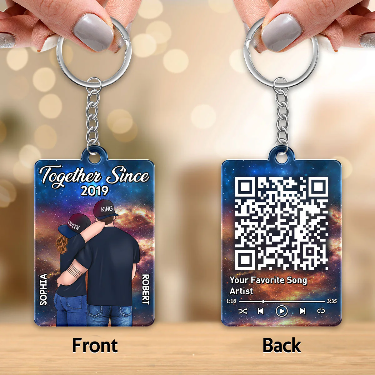 Couple Back View In Galaxy Favorite Song QR Code Personalized Acrylic Keychain - Image 3