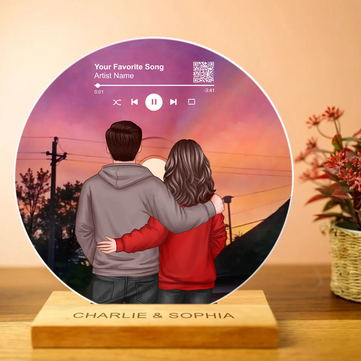 Couple Back View In the Sunset Custom Vinyl Record Acrylic Song Plaque, Scannable QR Code, Personalized Birthday, Anniversary Gift for her and for him - Image 4