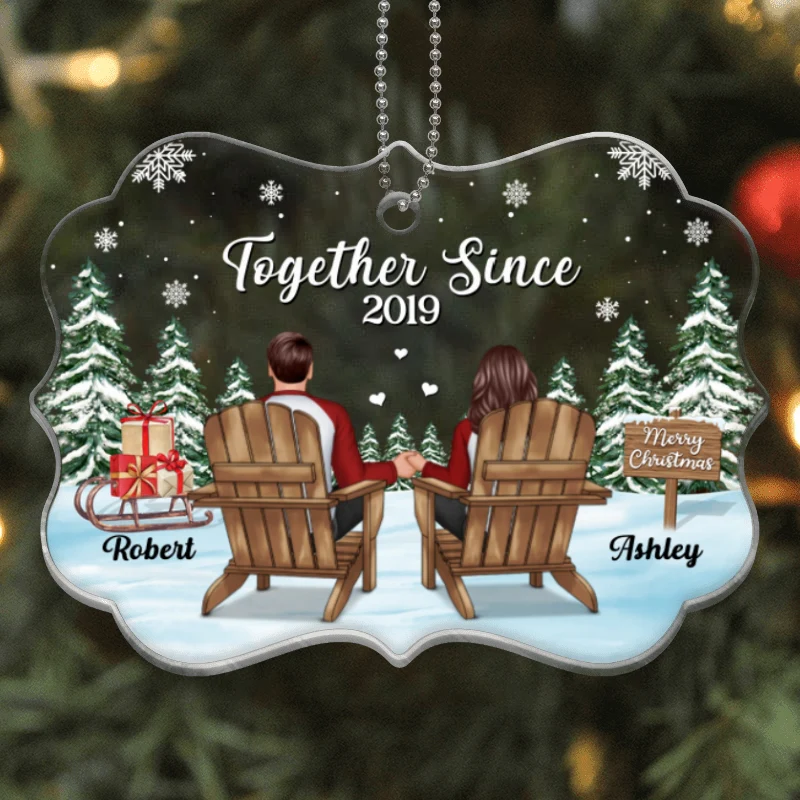 Couple Back View On Chair In Snow Personalized Acrylic Ornament