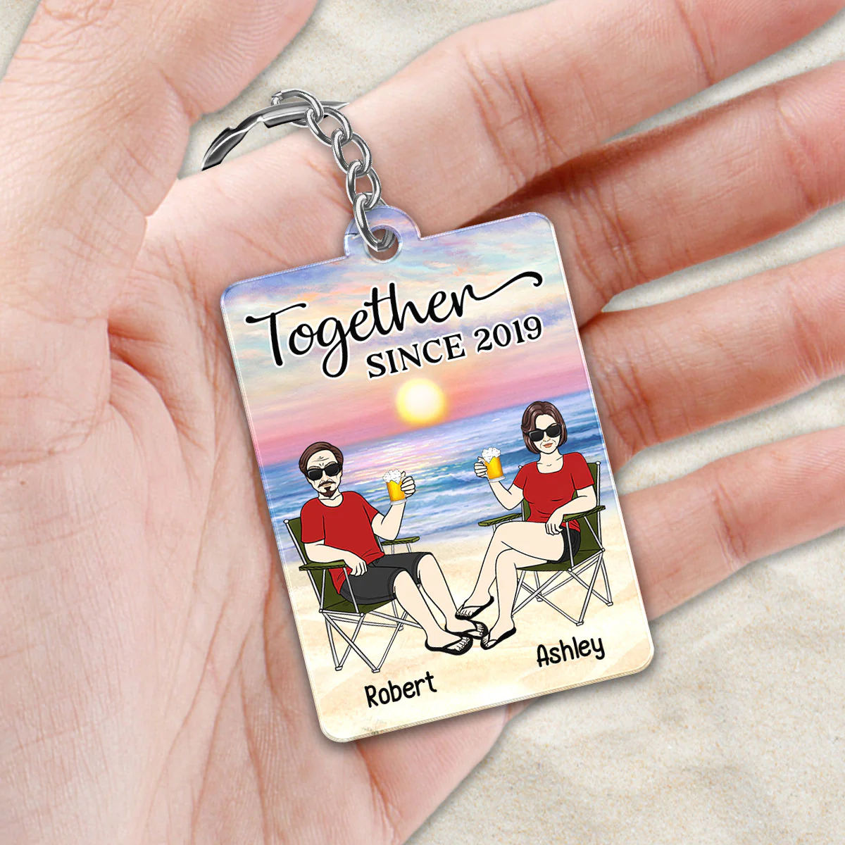 Couple Front View On Chair Sitting At Beach Favorite Song Scannable QR Code Personalized Acrylic Keychain - Image 2