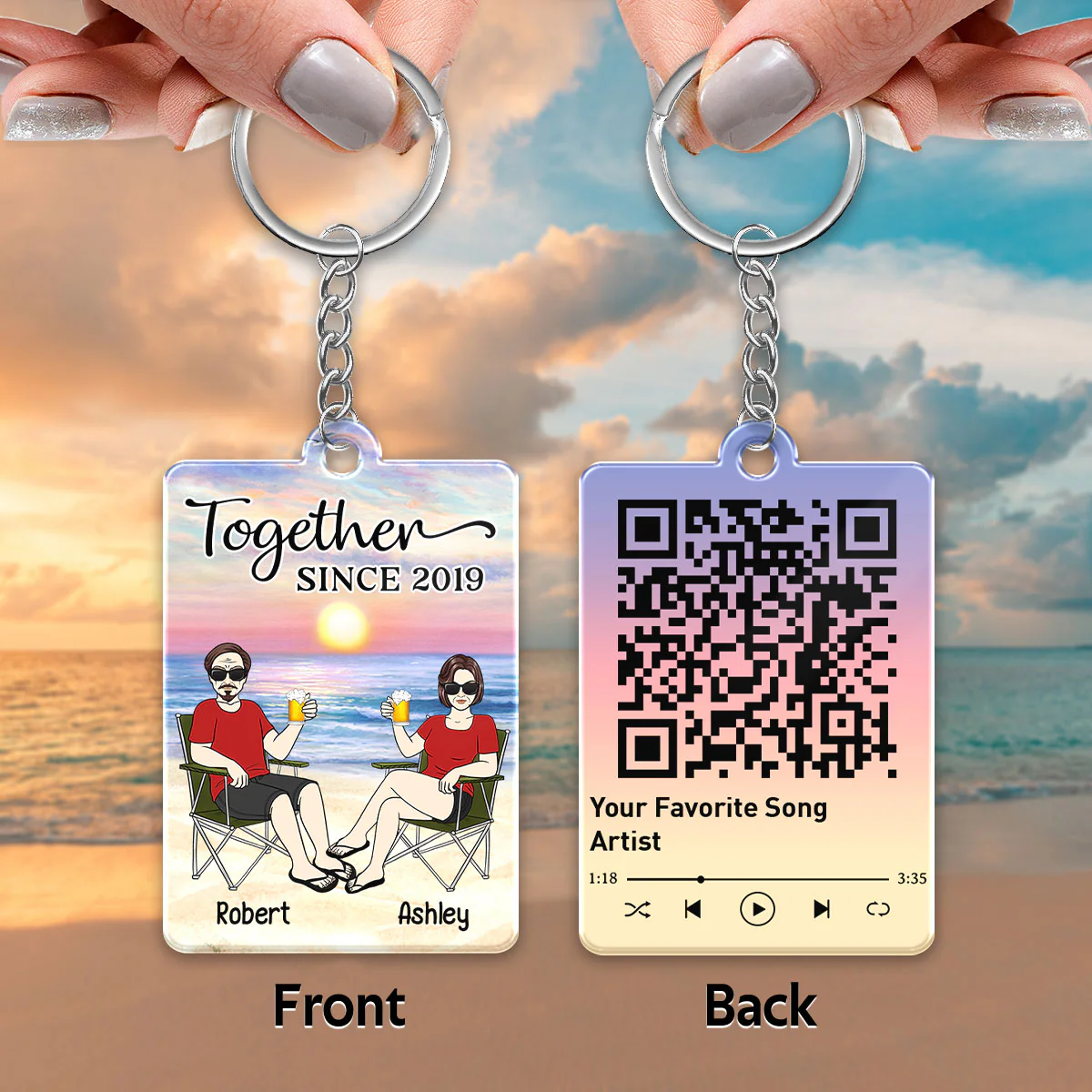 Couple Front View On Chair Sitting At Beach Favorite Song Scannable QR Code Personalized Acrylic Keychain - Image 3