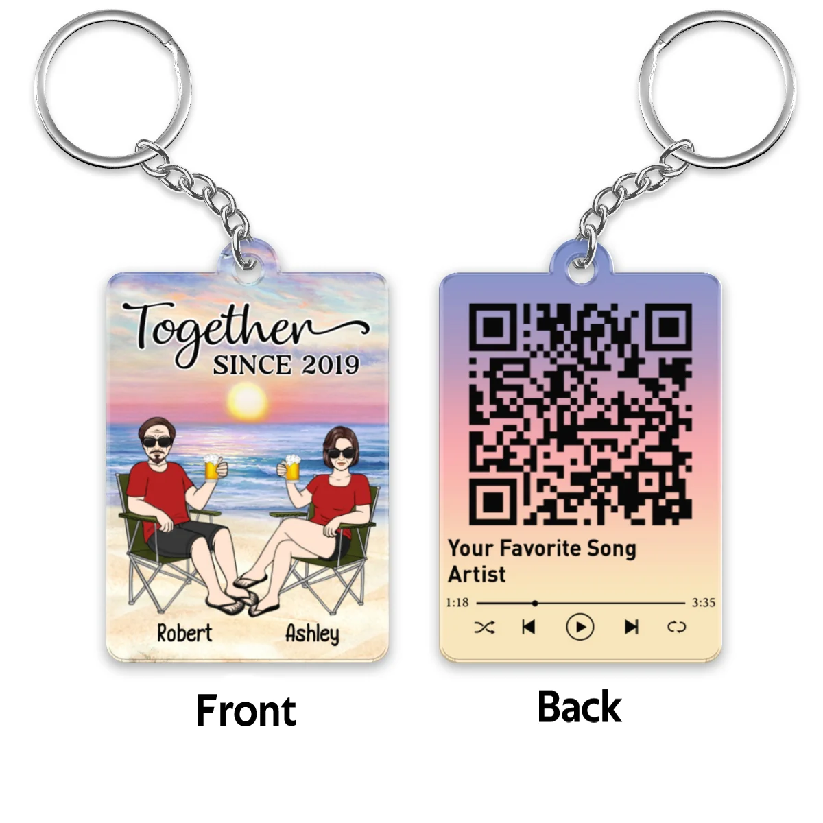Couple Front View On Chair Sitting At Beach Favorite Song Scannable QR Code Personalized Acrylic Keychain - Image 4