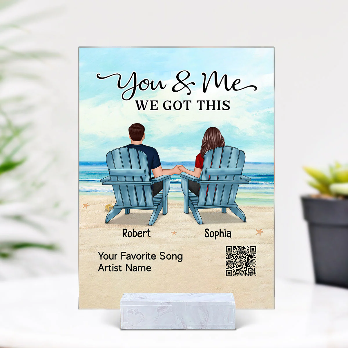 Couple Back View Sitting At Beach Favorite Song QR Code Personalized Acrylic Plaque