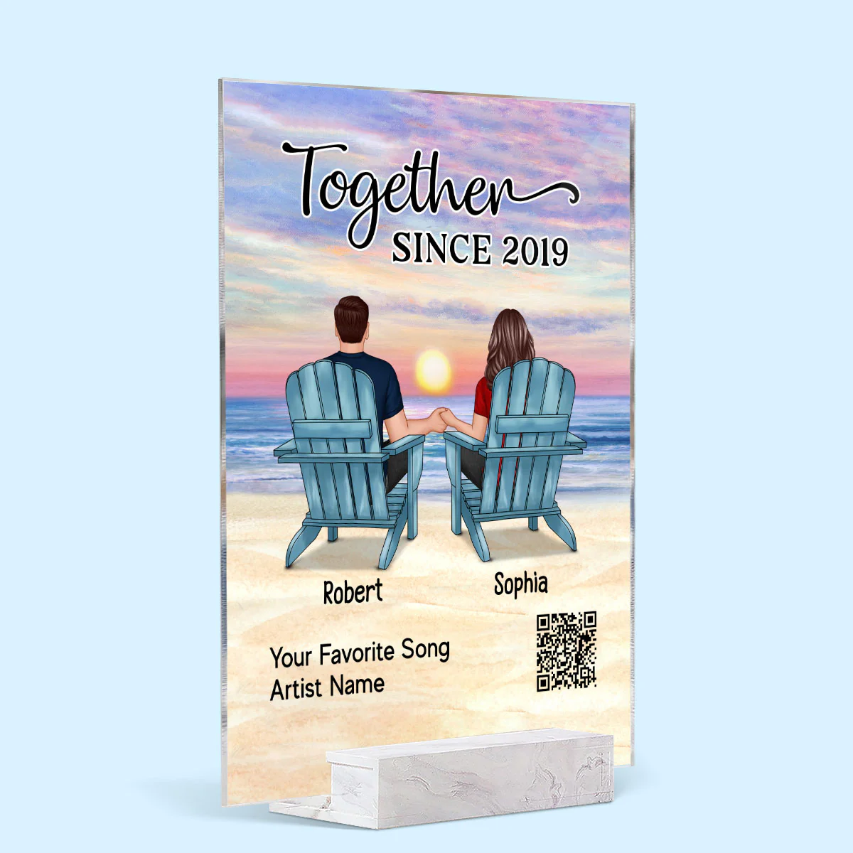 Couple Back View Sitting At Beach Favorite Song QR Code Personalized Acrylic Plaque - Image 2