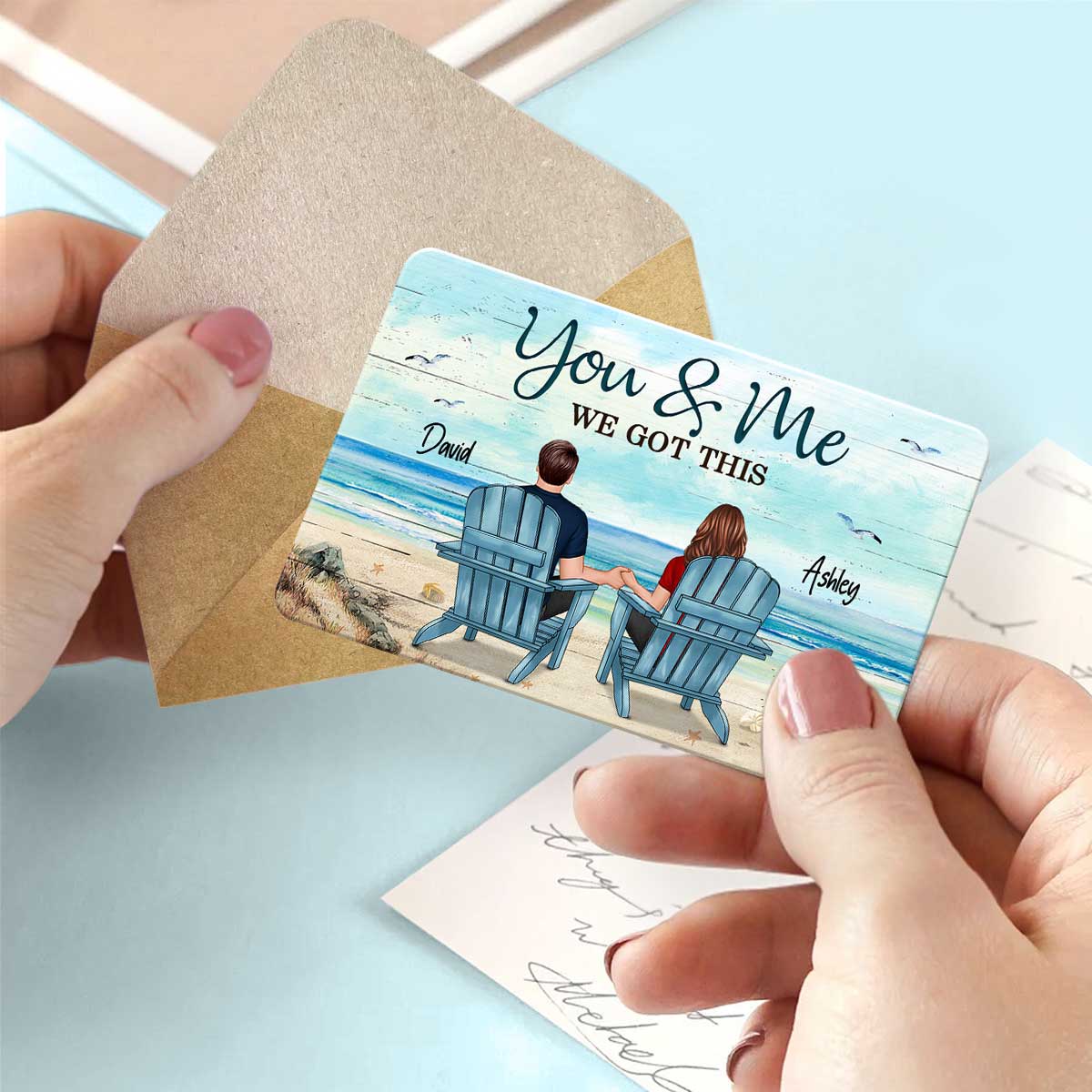 Couple Back View Sitting At Beach Wallet Insert Keepsake Personalized Metal Wallet Card - Image 3