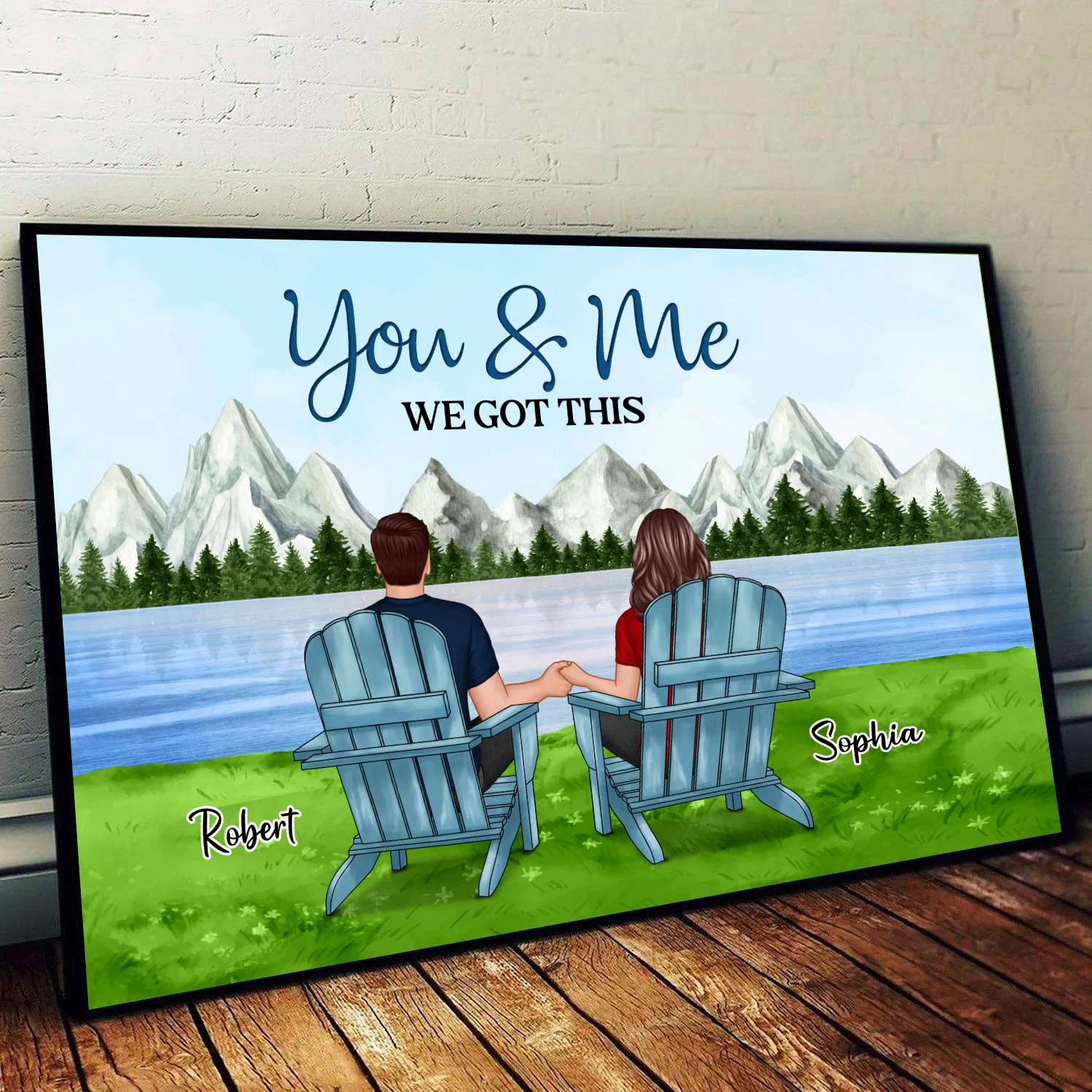 Couple Back View Sitting At Lake Mountain Personalized Horizontal Poster - Image 2