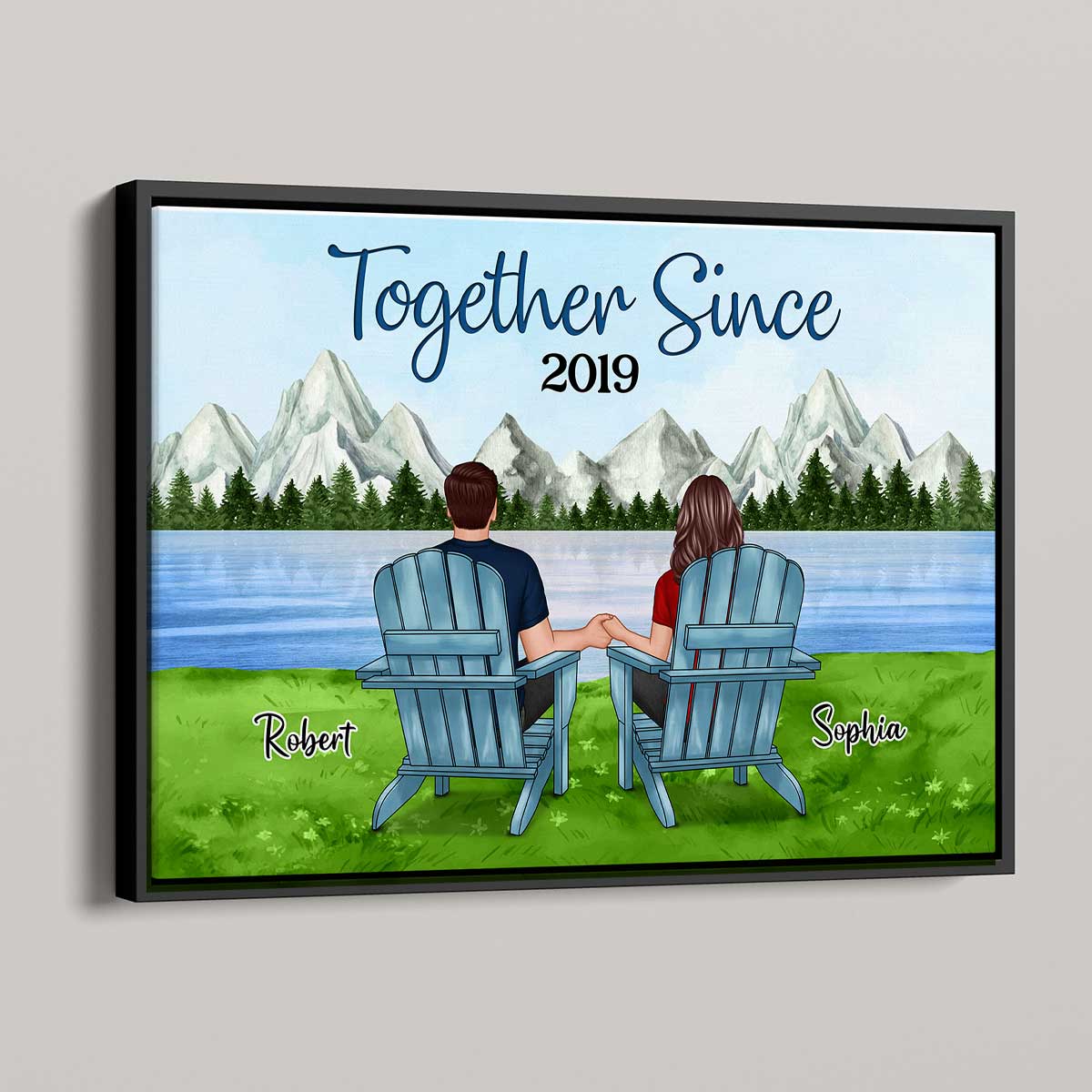 Couple Back View Sitting At Lake Mountain Personalized Horizontal Poster - Image 3