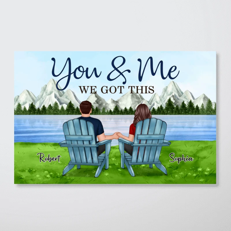 Couple Back View Sitting At Lake Mountain Personalized Horizontal Poster - Image 4