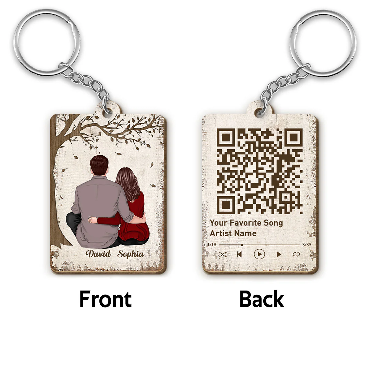 Couple Back View Sitting Favorite Song QR Code Personalized Wooden Keychain