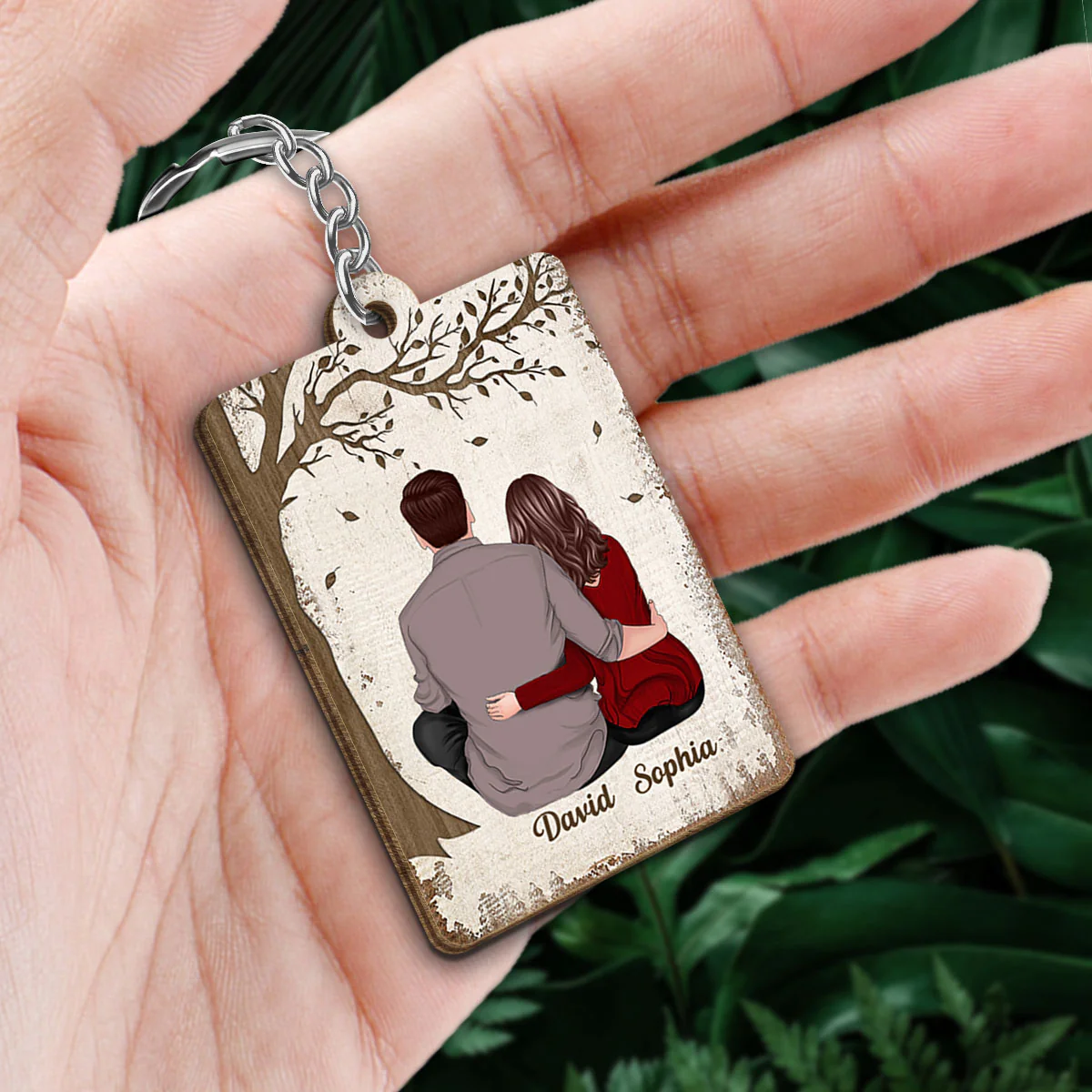Couple Back View Sitting Favorite Song QR Code Personalized Wooden Keychain - Image 2