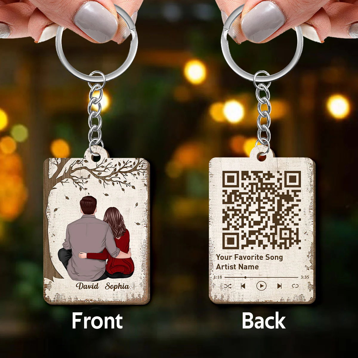 Couple Back View Sitting Favorite Song QR Code Personalized Wooden Keychain - Image 3
