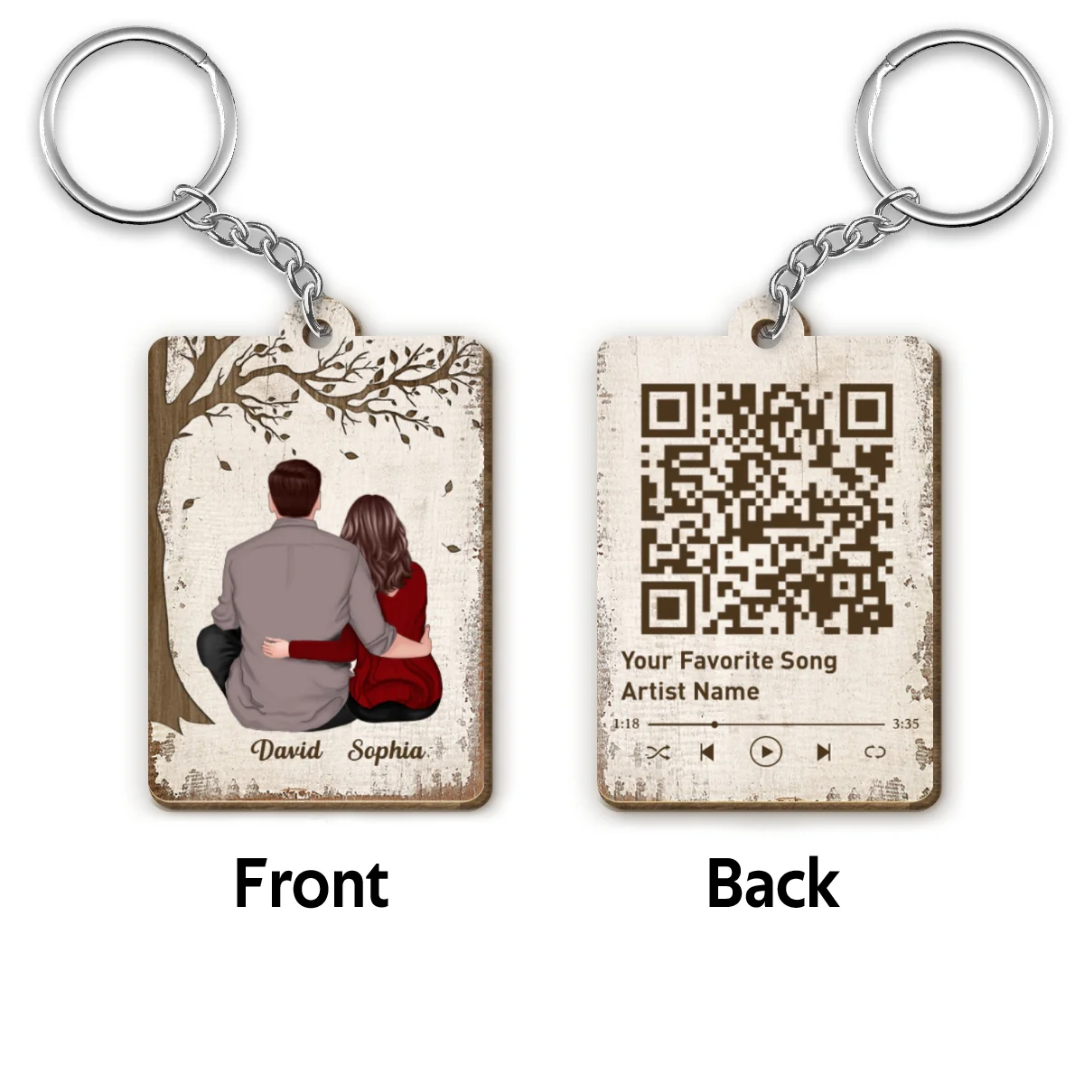 Couple Back View Sitting Favorite Song QR Code Personalized Wooden Keychain - Image 4