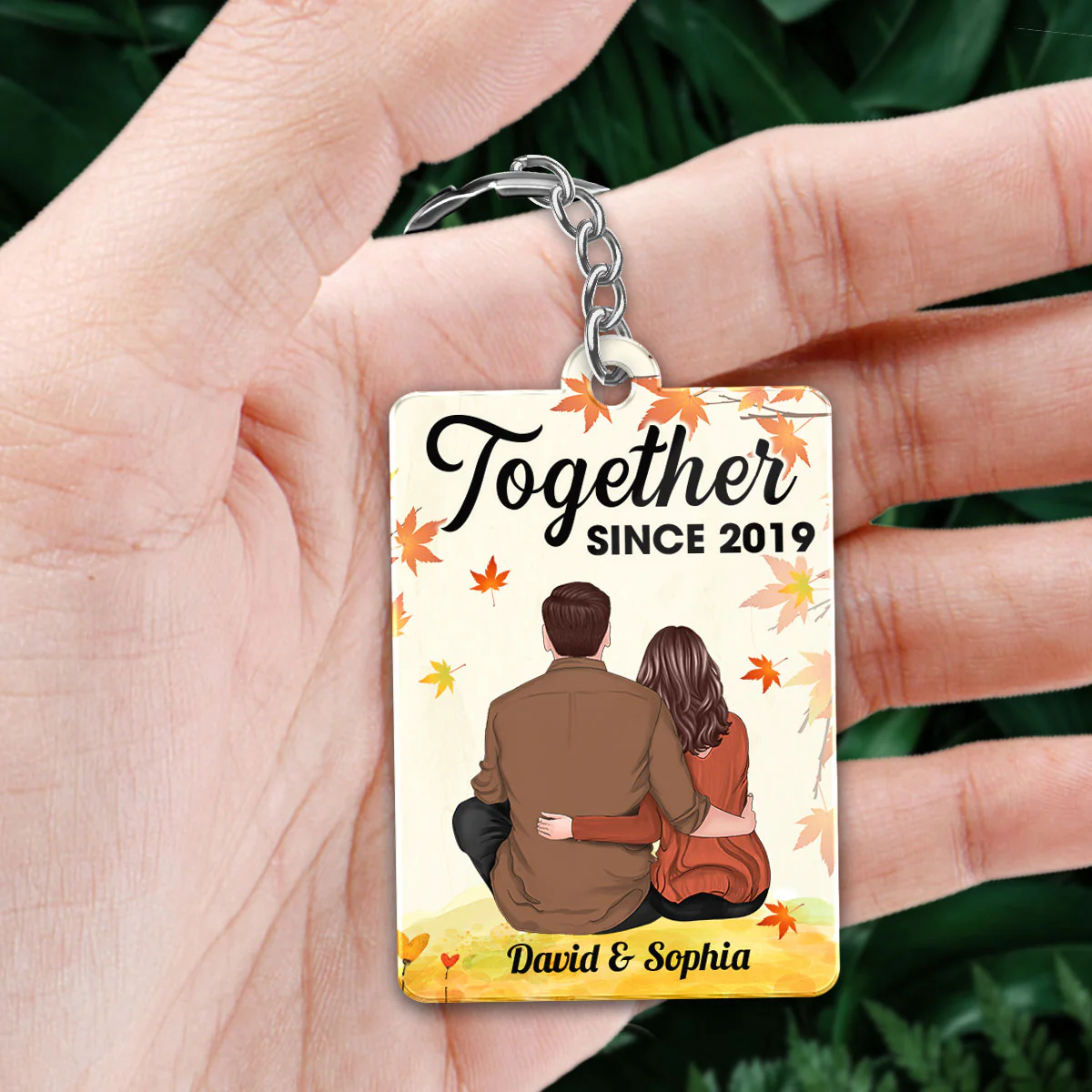Couple Back View Sitting Under Fall Tree Favorite Song QR Code Personalized Acrylic Keychain - Image 2