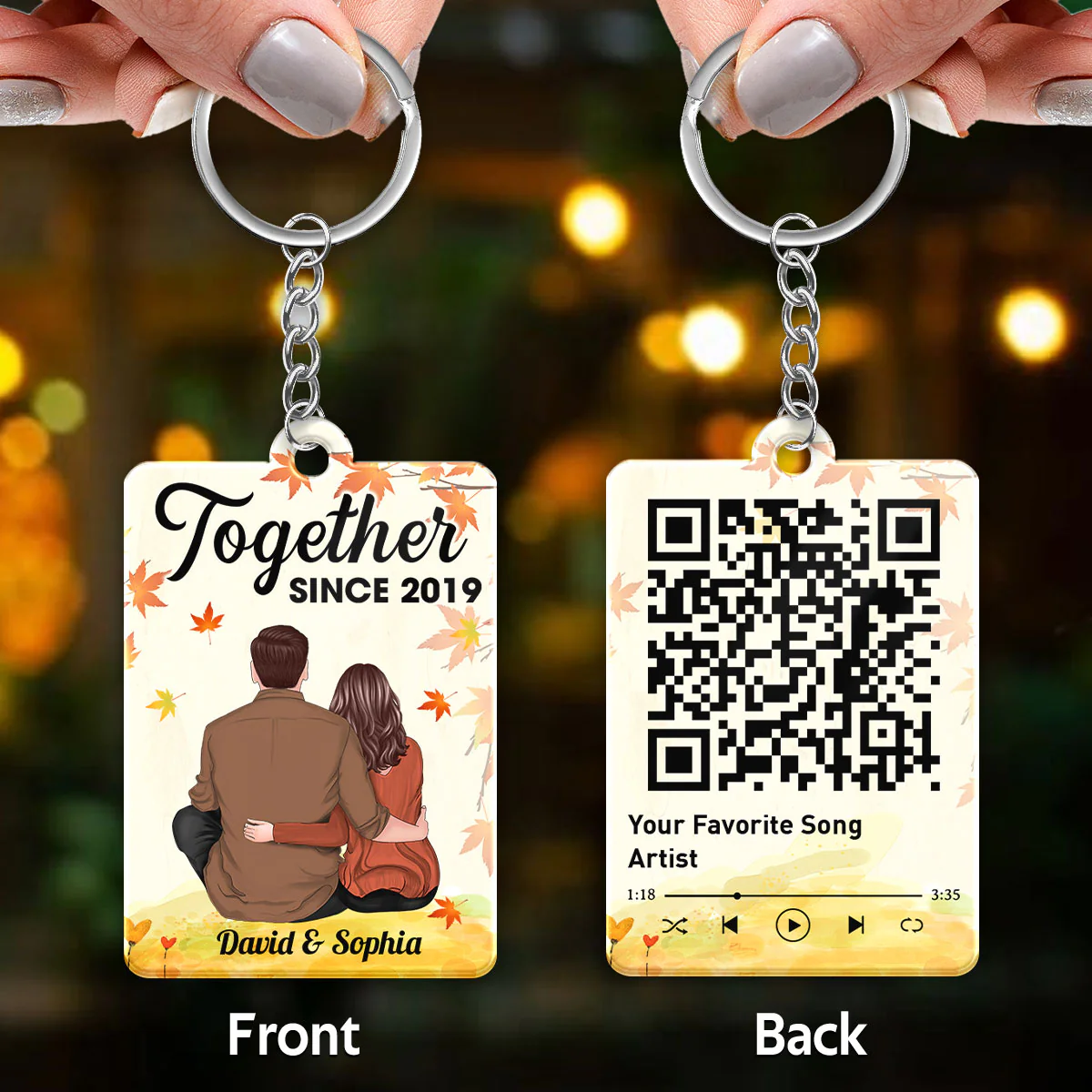 Couple Back View Sitting Under Fall Tree Favorite Song QR Code Personalized Acrylic Keychain - Image 3