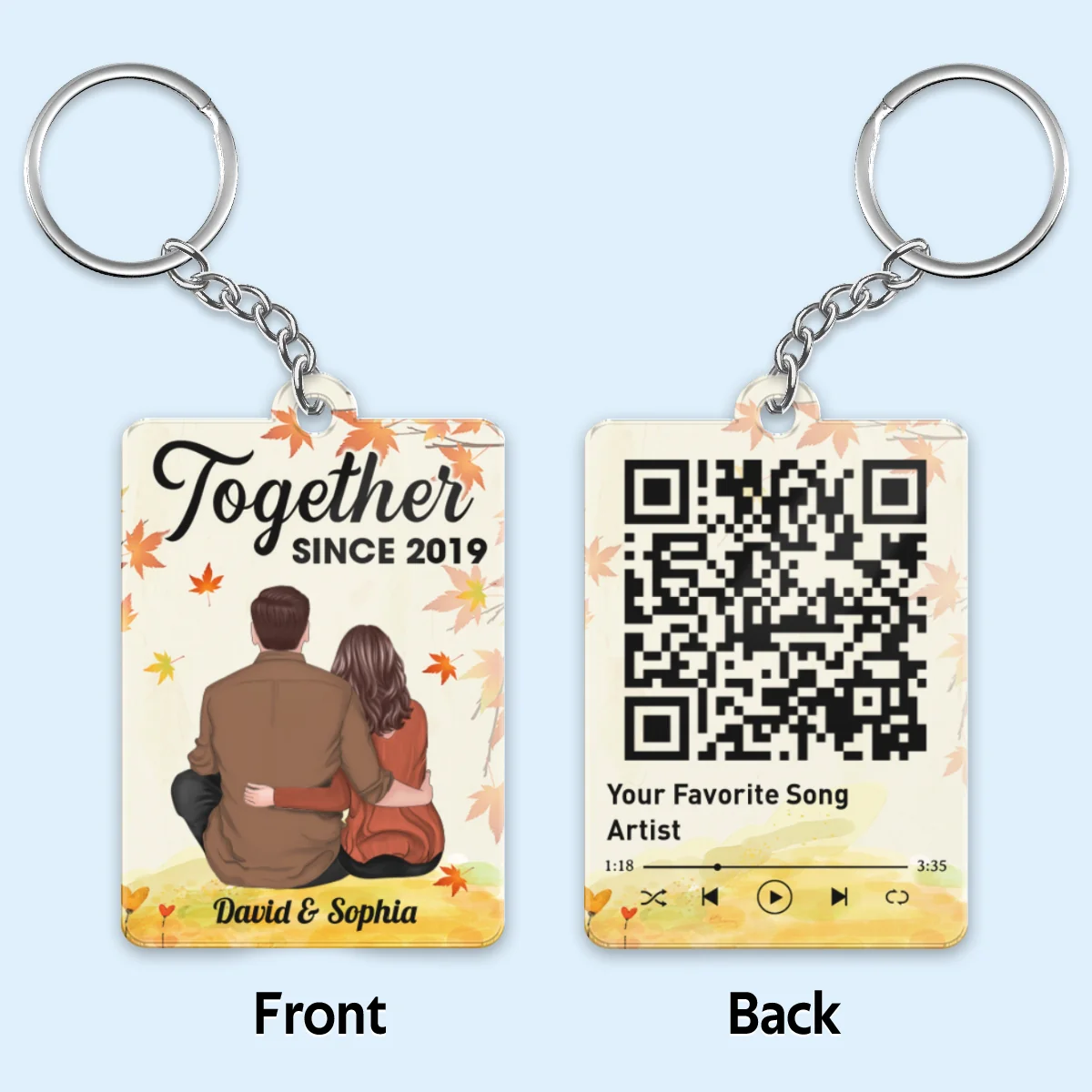 Couple Back View Sitting Under Fall Tree Favorite Song QR Code Personalized Acrylic Keychain - Image 4