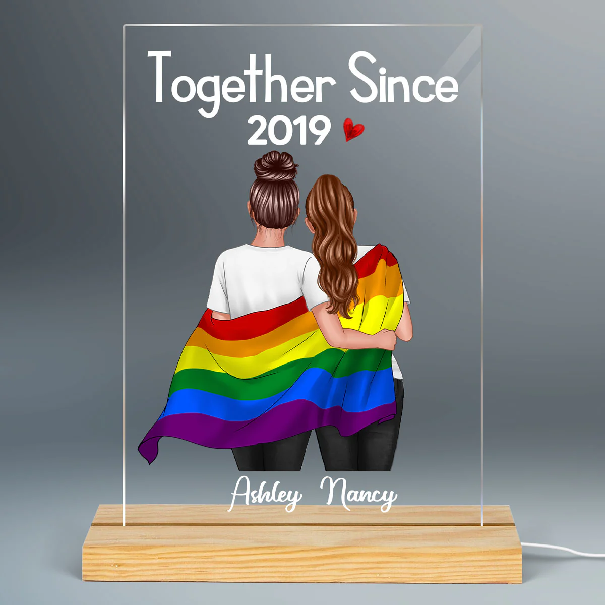 Couple Back View Together Since LGBTQ+ Personalized Rectangle Acrylic Plaque With LED Night Light - Image 2